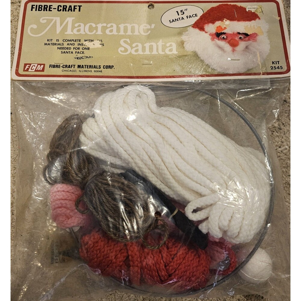 Vintage Macrame 15" Santa Face Fibre-Craft Kit 2545 Complete with Instructions